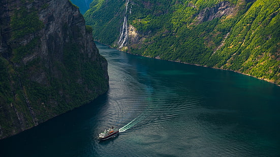 voie navigable, falaise, geirangerfjord, fjord, europe, cascade de sept soeurs, geiranger, norvège, Fond d'écran HD HD wallpaper