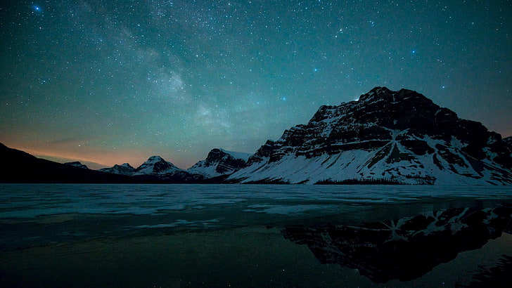 отражение, зима, гористая местность, канада, национальный парк банф, горный хребет, пейзаж, ледник, национальный парк, гора, звездная ночь, темнота, ночь, снег, альберта, озеро лук, озеро, небо, природа, ночное небо, HD обои