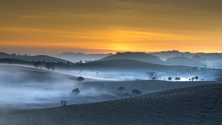 morning, misty, farmyard, countryside, village, hill, hills, dawn, rural area, sunrise, HD wallpaper