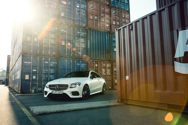 Mercedes-Benz, бял, кола, контейнери, отблясъци на обектива, HD тапет