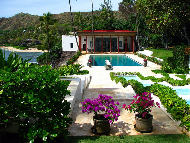 Beach Villa avec piscine Oahu Hawaii, luxueux, jardin, fleurs, plage, océan, villa, paradis, luxe, piscine, vue, île, tropical, nager, Fond d'écran HD