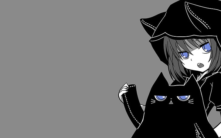 Filles anime, fond gris, personnages originaux, personnage d'anime femme portant une capuche près de chat noir, filles anime, fond gris, personnages originaux, Fond d'écran HD
