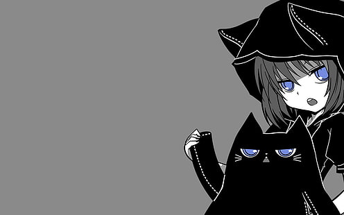 アニメの女の子、灰色の背景、オリジナルキャラクター、黒猫の近くにフードを着ている女性アニメキャラクター、アニメの女の子、灰色の背景、オリジナルキャラクター、 HDデスクトップの壁紙 HD wallpaper