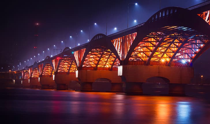 bridge, architecture, night, river, colorful, reflection, water, urban, Seoul, city, lights, South Korea, street, spotlights, steel, HD wallpaper