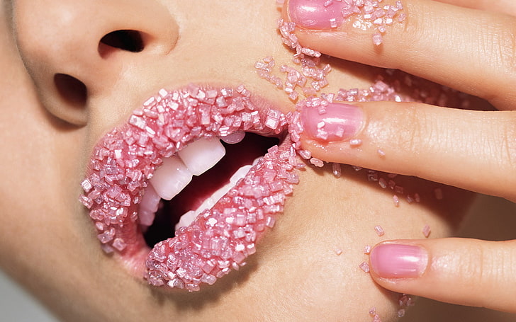 glittered pink lipstick, pink, teeth, lips, sugar, nails, lacquer, HD wallpaper