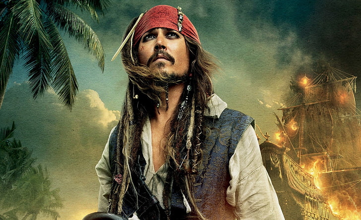 Jack Sparrow, Johnny Depp, Kapten Jack Sparrow, bajak laut Karibia di pasang asing, Wallpaper HD