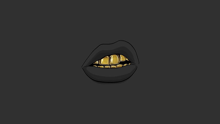 金色の歯を持つ人間の唇、口を開けて、金、唇、シンプルな背景、ベクトル、 HDデスクトップの壁紙
