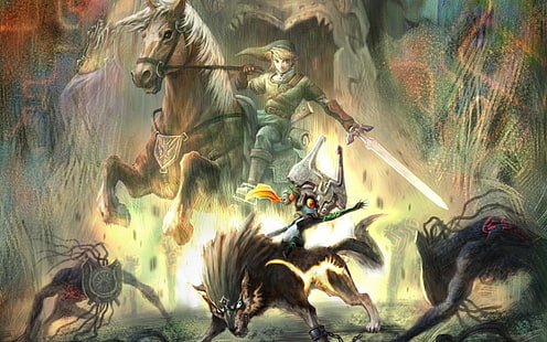Zelda, a lenda de Zelda: Twilight Princess, Epona (a lenda de Zelda), Link, Midna (a lenda de Zelda), HD papel de parede HD wallpaper