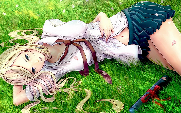 female anime character lying on ground poster, blonde, original characters, school uniform, HD wallpaper