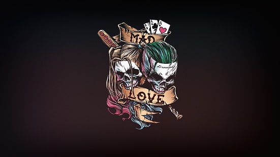 cinta, karya seni, latar belakang sederhana, tengkorak, tulang, Joker, Harley Quinn, Wallpaper HD HD wallpaper