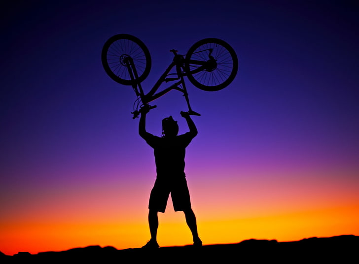 Victory, silhouette of bicycle, Sports, Biking, Portrait, Sunset, Mountain, Colors, Silhouette, Utah, Epic, Cool, Wheels, Extreme, bike, moab, self, yeti, colous, HD wallpaper