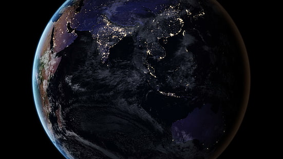 NASA, Terre, monde, globe, carte, Asie, photographie spatiale, océan, planète, lumières de la ville, marbre bleu, marbre noir, Établissement humain, nuit, Chine, imagerie satellite, Fond d'écran HD HD wallpaper