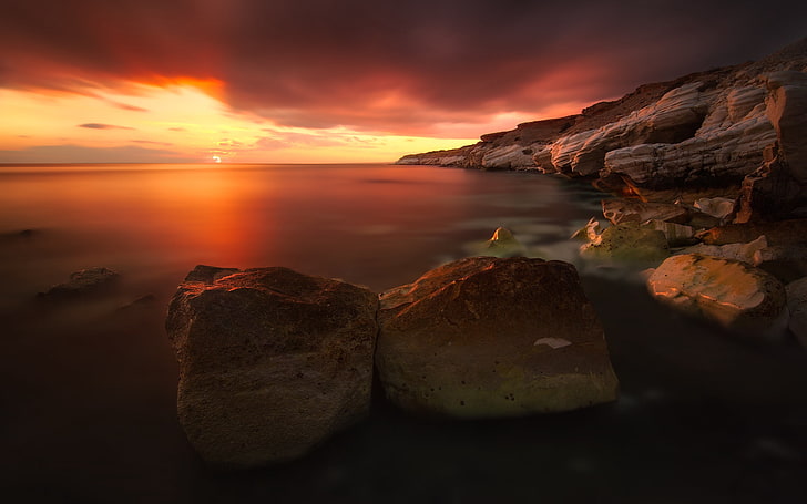 two beige rock formations, rocks, sky, sunset, HD wallpaper