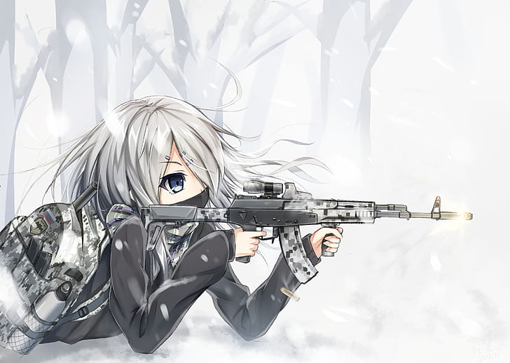anime girl, gunner, ak-12, winter, silverhair, Anime, HD wallpaper