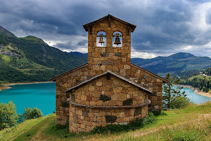 mountains, lake, France, chapel, bell, Savoie, Beaufort, HD wallpaper