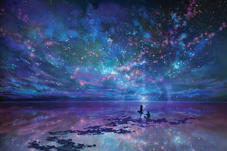 Milky Way galaxy wallpaper, nebula, stars, anime, sky, reflection, night, space, HD wallpaper