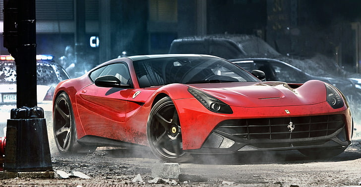 czerwono-czarne Ferrari, Ferrari, Ferrari F12, ulica, samochód, Need for Speed, Tapety HD