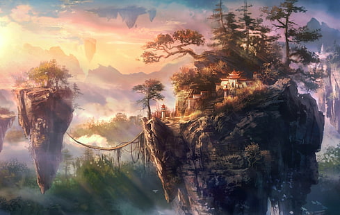 ilustracja pływającej wyspy, wyspy, drzewa, skały, Azja, budynek, sztuka, liny, latanie, Tapety HD HD wallpaper