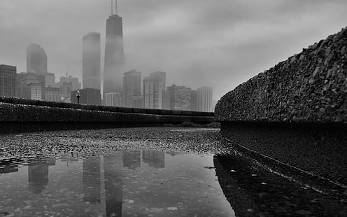 fotografia in scala di grigi di grattacielo, Chicago, paesaggio urbano, monocromo, vista a vite senza fine, Sfondo HD HD wallpaper