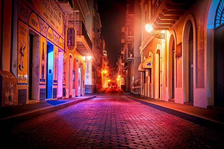 city street during night, san juan, san juan, Streets, Old San Juan, At Night, city, street, Puerto Rico, Daily, Stuck, Customs, com, Tutorial, HDR Photography, Circus, Travelling, Family, Colours, Colour, Outside, Outdoor, Outdoors, Night Time, Time  Horizon, Blue, White, Ocean, Sand, Water, Sea  Beach, Swimming, People, Relaxing, Clouds, Sky, Sony  ILCE-7RM2, landscape, shore, seaside, wave, sport, night, architecture, urban Scene, illuminated, building Exterior, built Structure, famous Place, cityscape, HD wallpaper