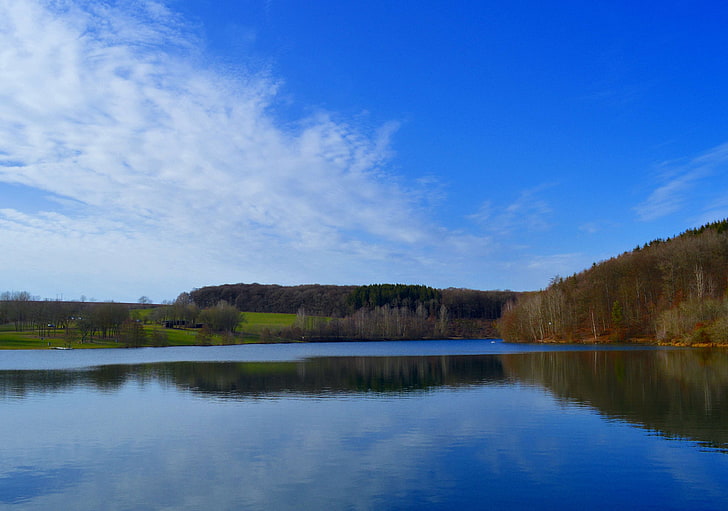 clouds, eifel, forest, lingen, linger lake, germany, idyllic, lake, landscape, leisure, mirroring, nature, recovery, reflection, rest, water, water surface, HD wallpaper