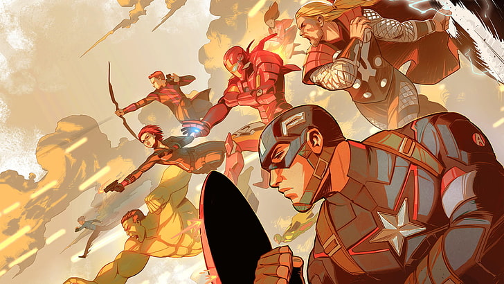 Мультяшная иллюстрация Мстителей, Мстители, Капитан Америка, Железный Человек, Тор, Черная Вдова, Халк, HD обои