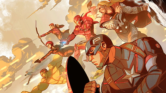 Мультяшная иллюстрация Мстителей, Мстители, Капитан Америка, Железный Человек, Тор, Черная Вдова, Халк, HD обои HD wallpaper
