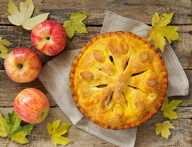 autumn, leaves, apples, food, pie, fruit, dessert, cakes, HD wallpaper