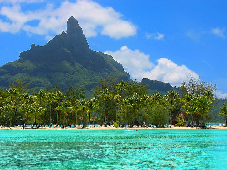 Bora Bora French Polynesia South Pacific Oceania, island, atoll, tropical, resort, lagoon, white, peak, south pacific, tahiti, sand, ocean, blue, bora, HD wallpaper