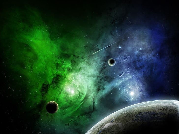 ilustrasi galaksi hijau dan biru, ruang, planet, seni ruang, Wallpaper HD