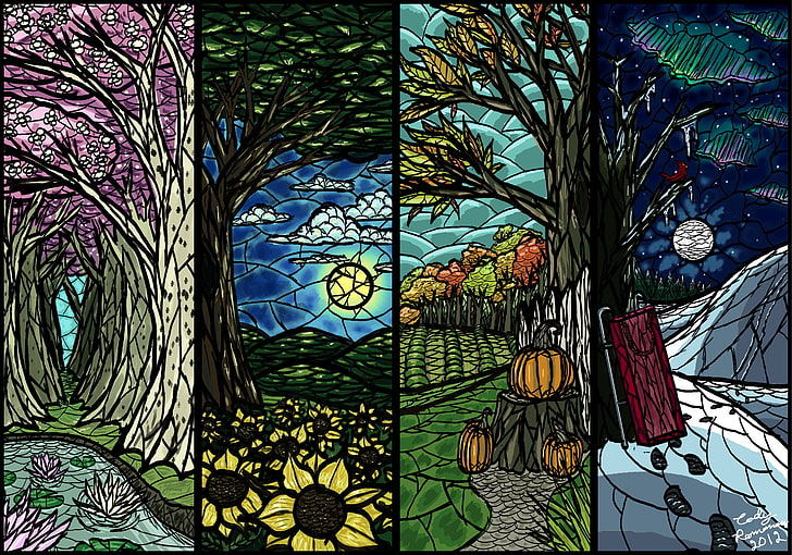 four assorted illustrations collage, winter, autumn, summer, collage, picture, spring, times, year, panels, HD wallpaper