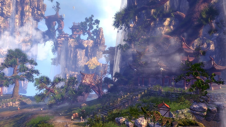 kuil dikelilingi oleh pohon wallpaper digital, game PC, Blade & Soul, Wallpaper HD
