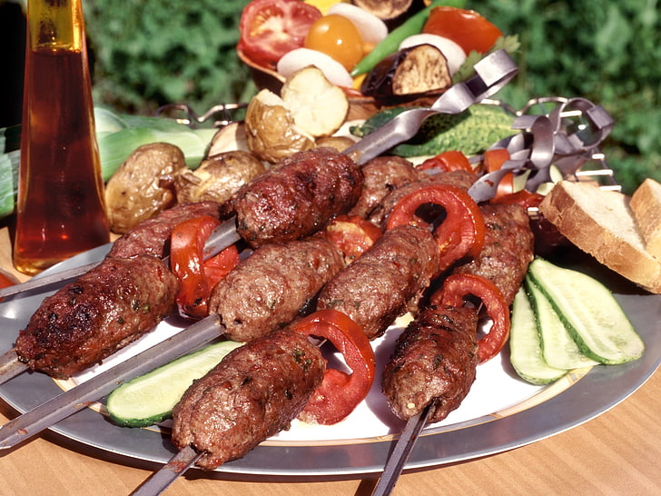 tray of grilled meat, kebab, shish kebab, meat skewers, HD wallpaper