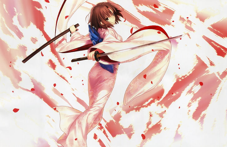 postać kobiety trzymającej miecz samurajski ilustracja, katana, miecz, kimono, Ryougi Shiki, Kara no Kyoukai, Tapety HD