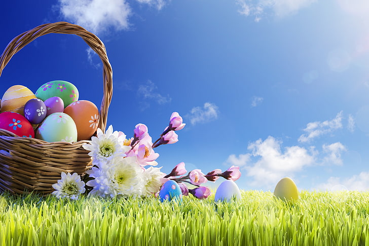 grass, the sun, flowers, basket, spring, Easter, eggs, decoration, Happy, the painted eggs, HD wallpaper