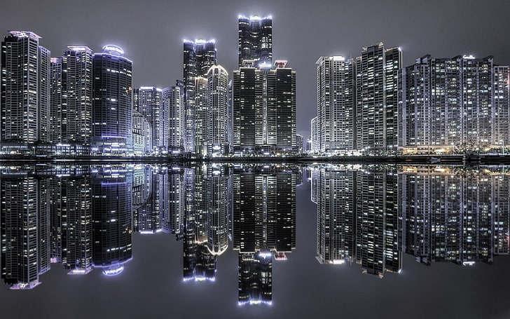 городской пейзаж в течение ночи, пейзаж, Южная Корея, небоскреб, городской пейзаж, отражение, городской, огни, ночь, здание, архитектура, современные, гавань, вода, HD обои