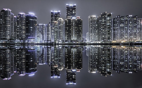 skyline da cidade durante a noite, paisagem, coréia do sul, arranha céu, paisagem urbana, reflexão, urbanas, luzes, noite, construção, arquitetura, moderna, porto, água, HD papel de parede HD wallpaper