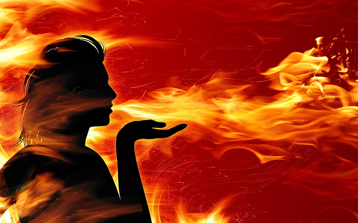 person blowing illustration, girl, fire, flame, hand, red, HD wallpaper