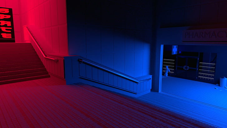 blue, red, stairs, vaporwave, HD wallpaper