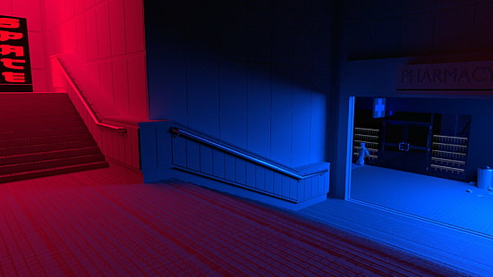 blue, red, stairs, vaporwave, HD wallpaper HD wallpaper