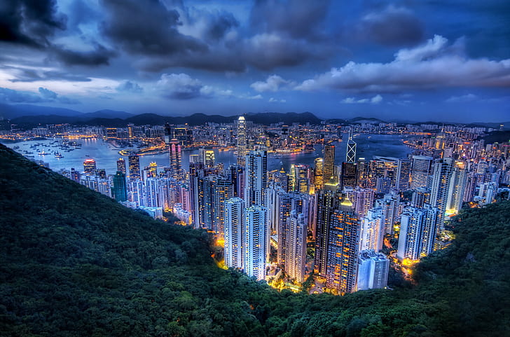 birds eye view of high buildings and body of the water, Hong Kong, Dusk, birds eye view, high, buildings, body, water, d2x, Portfolio, Hdr, hong  kong, city, nightlife, chinese, downtown, work, power, light, valley, metropolis, clouds, kowloon, beautiful, travel, adventure, tutorial, night, cityscape, asia, architecture, urban Skyline, china - East Asia, urban Scene, downtown District, skyscraper, famous Place, HD wallpaper