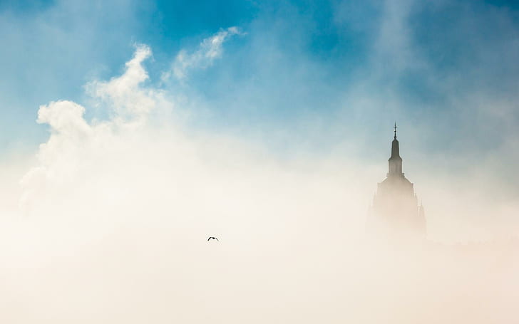 Fog around the church, gray concrete castle, world, 1920x1200, church, HD wallpaper