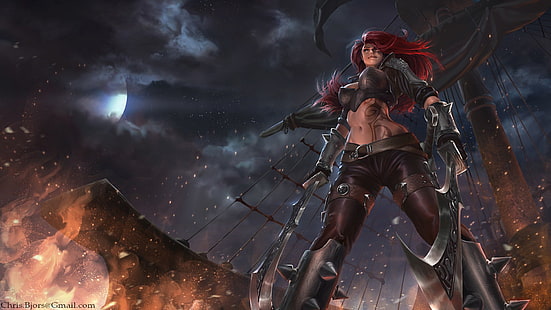 Katarina hintergrundbild, League of Legends, videospiele, rothaarige, frauen, tattoo, katarina (league of legends), HD-Hintergrundbild HD wallpaper