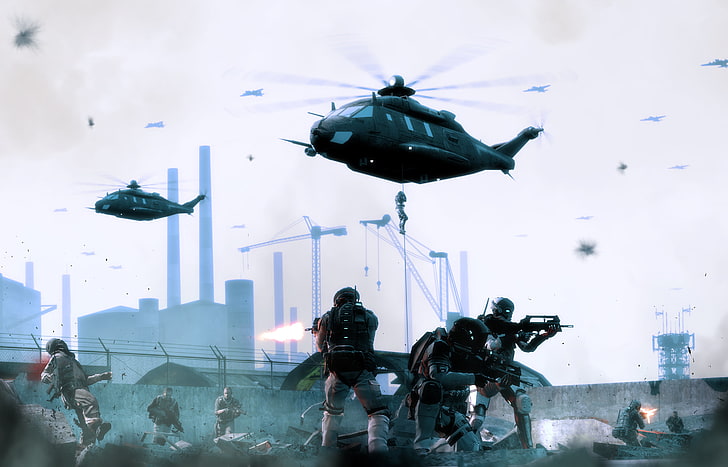 soldiers under two helicopters digital wallpaper, video games, BlackLight: Retribution, HD wallpaper