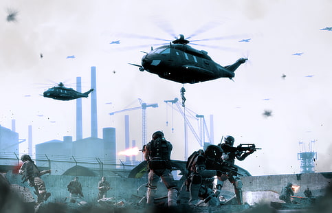 żołnierze pod dwoma helikopterami, tapeta cyfrowa, gry wideo, BlackLight: Retribution, Tapety HD HD wallpaper