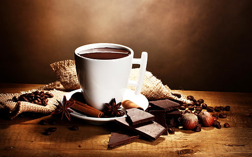 Cibo, cioccolata calda, cioccolato, cannella, caffè, tazza, anice stellato, natura morta, Sfondo HD HD wallpaper