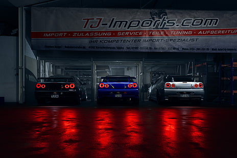 عدة سيارات فضية وزرقاء وسوداء ، GTR ، Light ، Nissan ، أزرق ، أسود ، Skyline ، R34 ، فضي ، خلفي، خلفية HD HD wallpaper