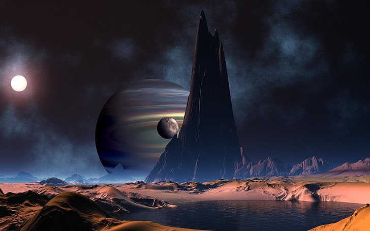 góry kosmos planety pustynia księżyc science fiction jeziora 1920x1200 Natura Jeziora HD Sztuka, góry, przestrzeń kosmiczna, Tapety HD
