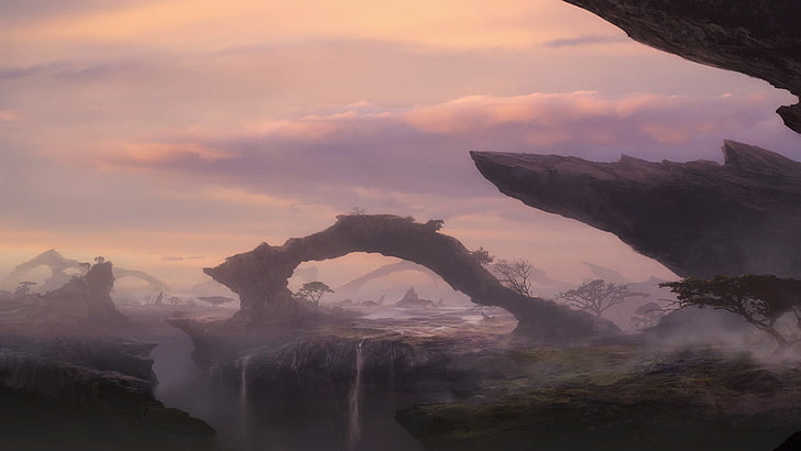 formação rochosa marrom com nevoeiros, stellaris, mundo alienígena, HD papel de parede