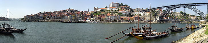 град, троен екран, широкоъгълен, Порто, градски пейзаж, мост, HD тапет